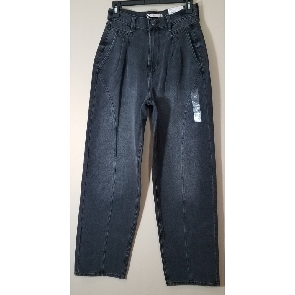 SO Jeans Baggy Highest Rise Pleated Front Juniors Size 5/27W Faded Black NEW
